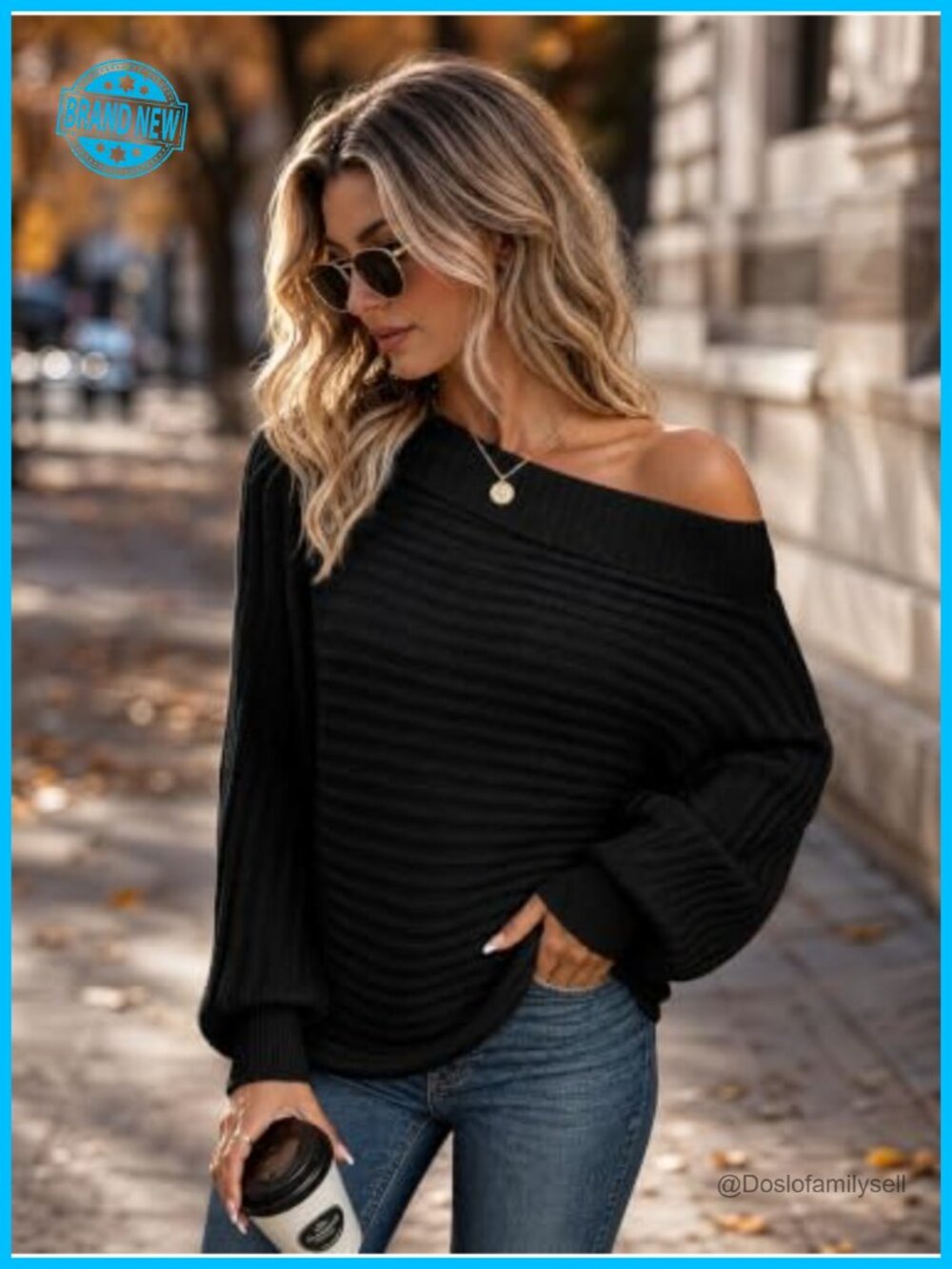 Off-Shoulder Oversized Ribbed Knit Pullover Sweater - Picture 3 of 5